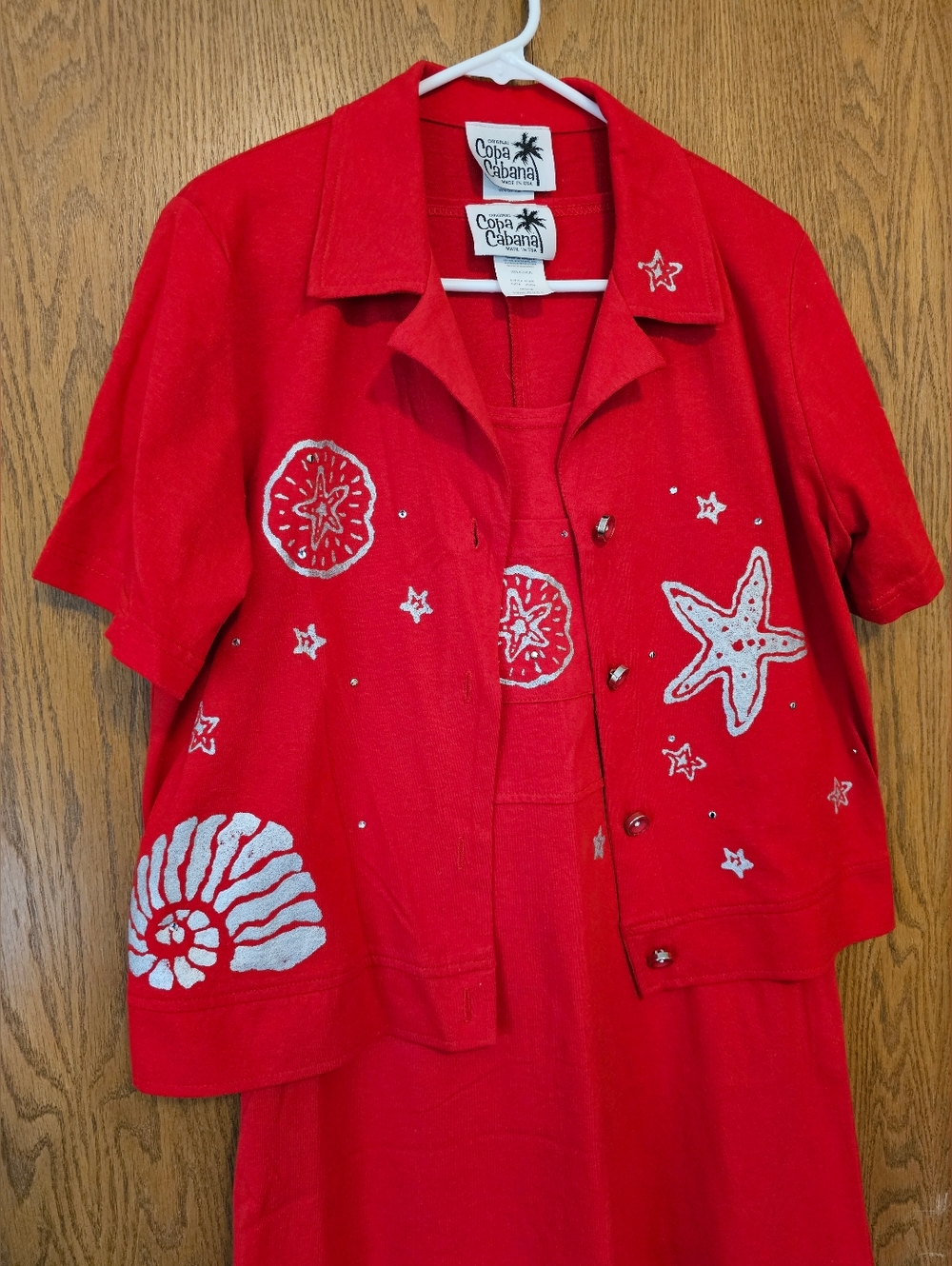 Vintage Coastal 2-Piece Set Red Dress & Shell Print Jacket | Beachy Resort